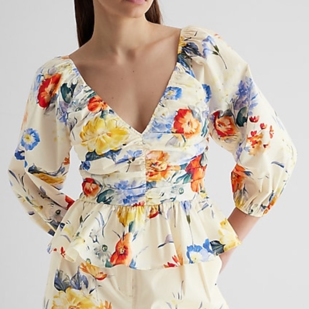 Floral, pleated peplum top